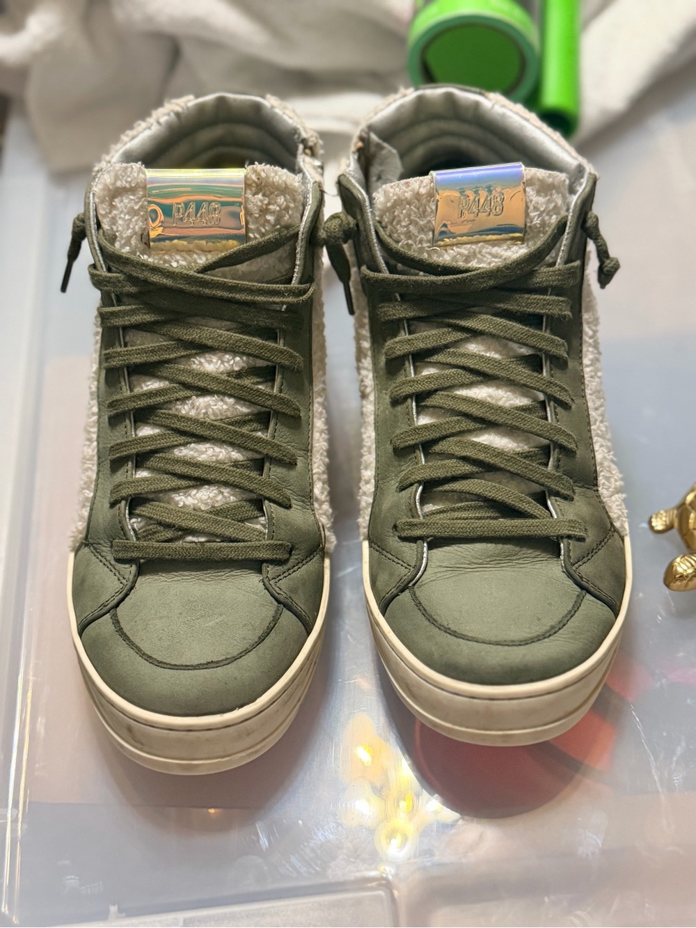 P448 Skate Wad High Top Sneakers Olive Sherpa Nubuck Leather Women’s EU 40